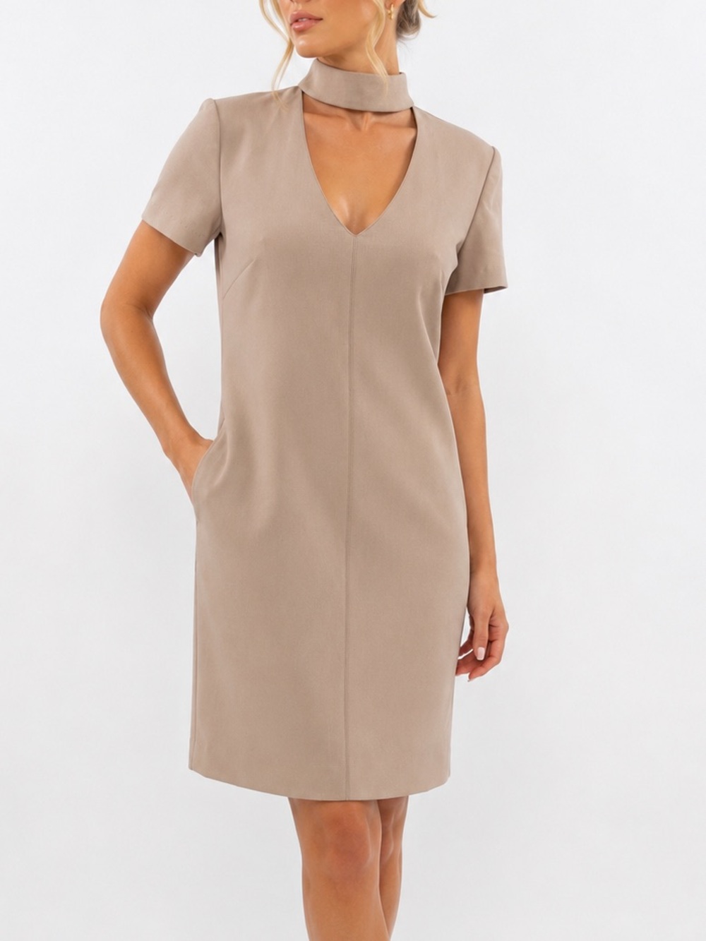 NWOT Trina Turk Neutral Beige Choker Neck Minimalist Designer Sheath Dress SZ 2